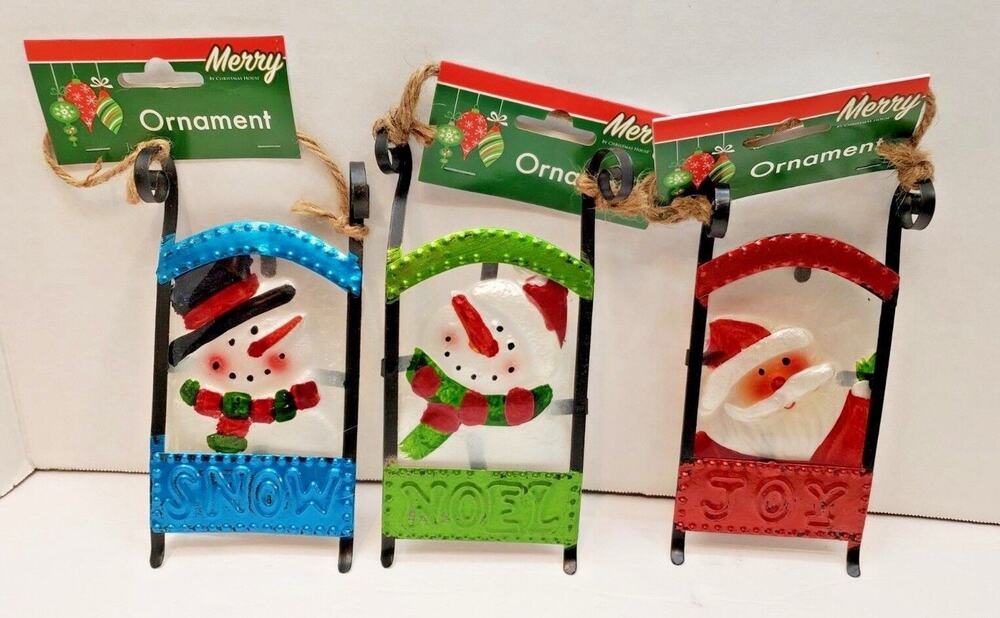 VINTAGE Set of 3 Acrylic & Metal Sled Ornaments 6.25" Snowman Santa New